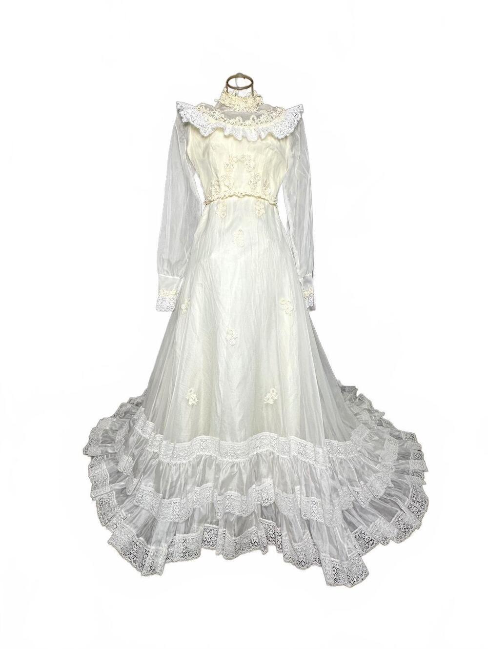 Vintage 1970s Prairie Wedding Dress Bustle Cathedral Train & Floral Juliet Veil